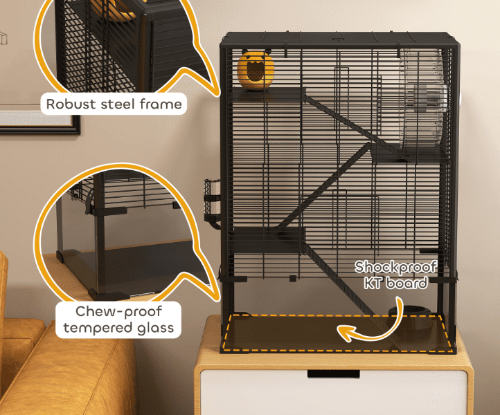 Hamster Cage 4 Tier with Tempered Glass Bottom, Running Wheel & Hut - Mice Rat Gerbil Habitat 24x16x31.5 Inch