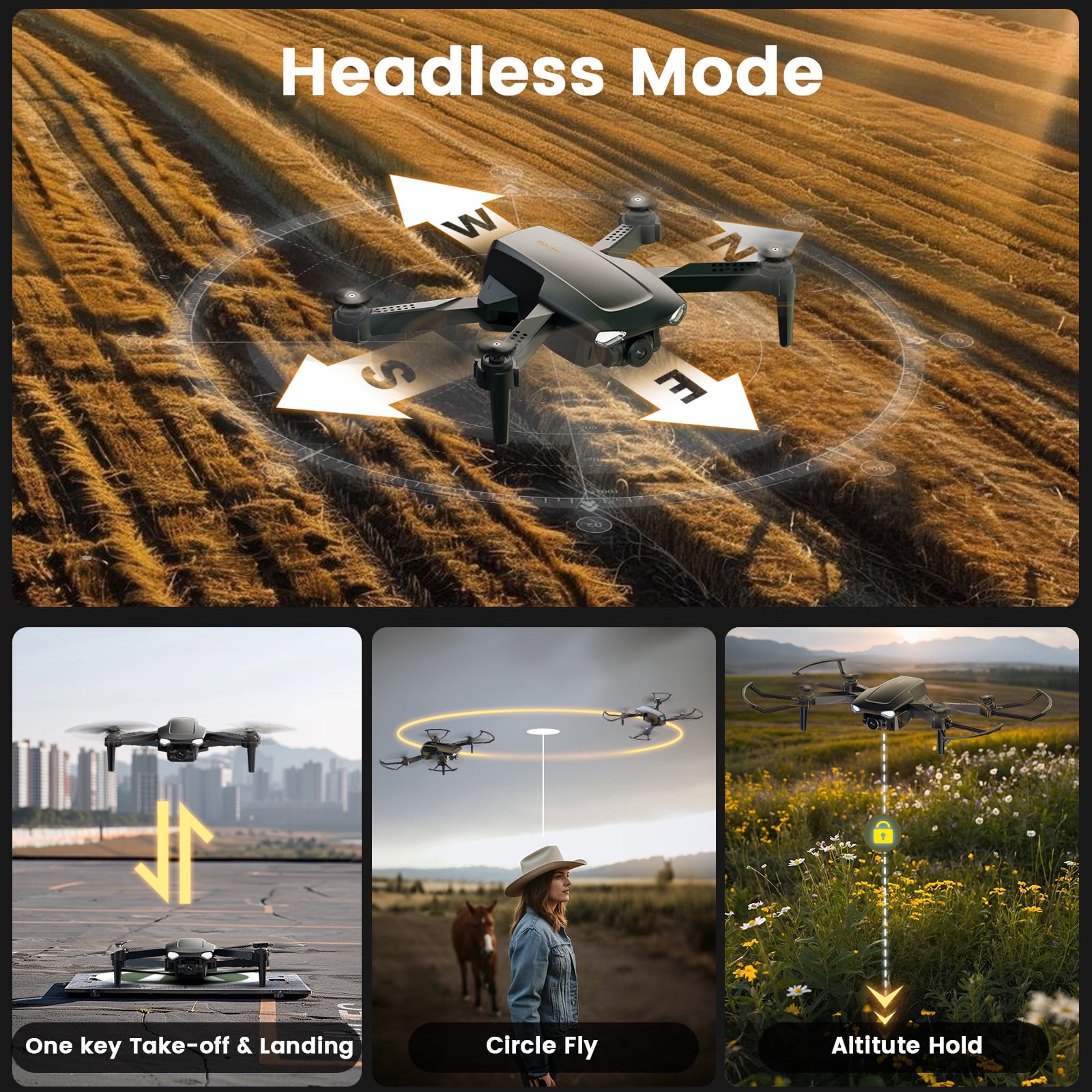 Drone for Kids Adults, Wefone WF11 1080P HD Camera Drones with FPV Transmission Mini Foldable  RC Quadcopters for Beginners, 2 Batteries, Black