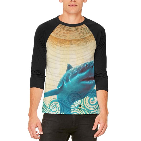 Great White Shark in Waves Mens Raglan T Shirt White-Black X-LG