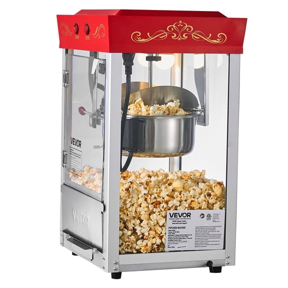 Commercial 800W Red Popcorn Machine,48 Cups/Batch,with Stainless Steel Kettle & Glass Door