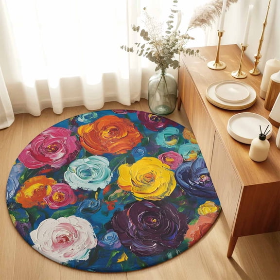 Round Rugs 6Ft, Colorful Flowers Round Area Rug Washable Indoor Throw Carpet, Modern Oil Painting Soft Non Slip Circle Rug for Office Cabinet Home Decor Aesthetic