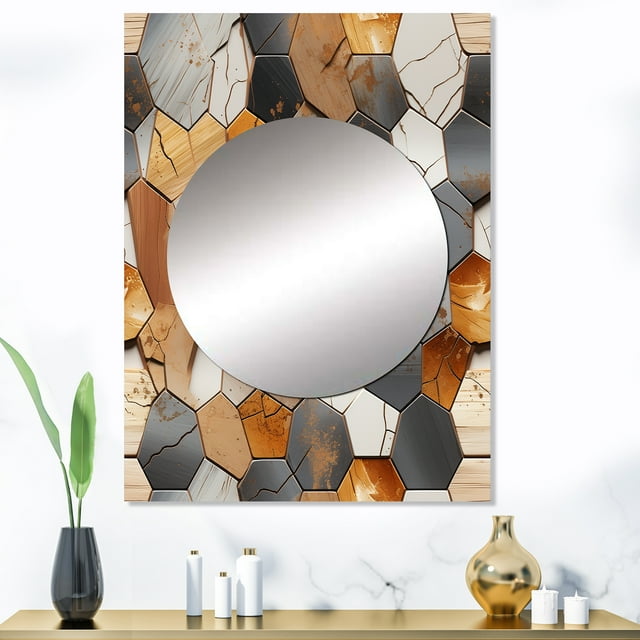 Designart "Hexagon Rustic Mosaic I" Geometric Mirror Wall Decor - Modern Brown Geometric Large Printed Mirror Wall Decor For Bedroom - 40" x 30" Inch