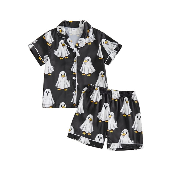 Cjfdfy Toddler Baby Girls Halloween Satin Pajamas Set Ghost Goose Print Short Sleeve Button Tops And Pants Set Kids Cute Halloween Holiday Fall Winter Sleepwear 1-10Y