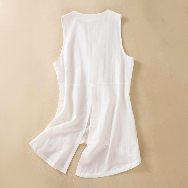 Chaleco de mezclilla de algodón y lino para mujer, informal, sin mangas, sin capucha, estilo casual, cárdigan de mezclilla de tendencia, chaleco de algodón y lino para mujer