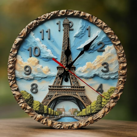 Wall Clock Decorative - Eiffel Tower Blue Sky Print 2D Vintage Wall Clocks Battery Operated Silent Non-Ticking for Bedroom, Living Room, Kitchen, Office, Classroom, 10 Inch