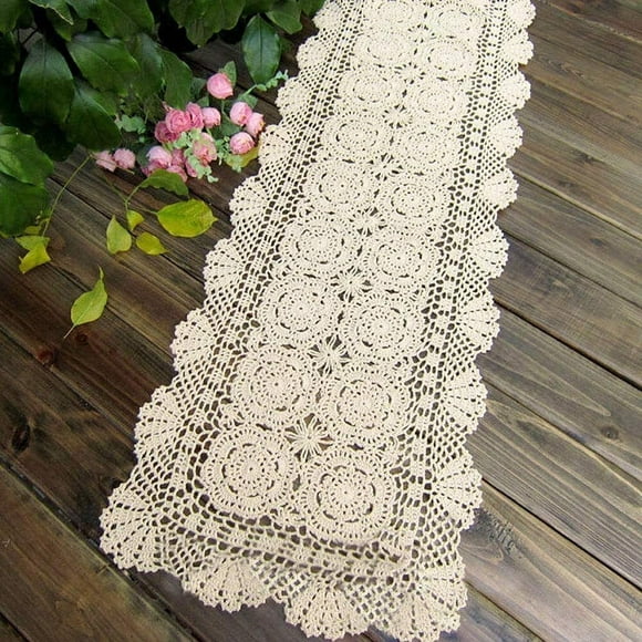 Lace Table Runner Rectangular Table Cover Cloth Handmade Crochet Floral Placemats 100% Cotton (Floral Beige, 15x39Inch)