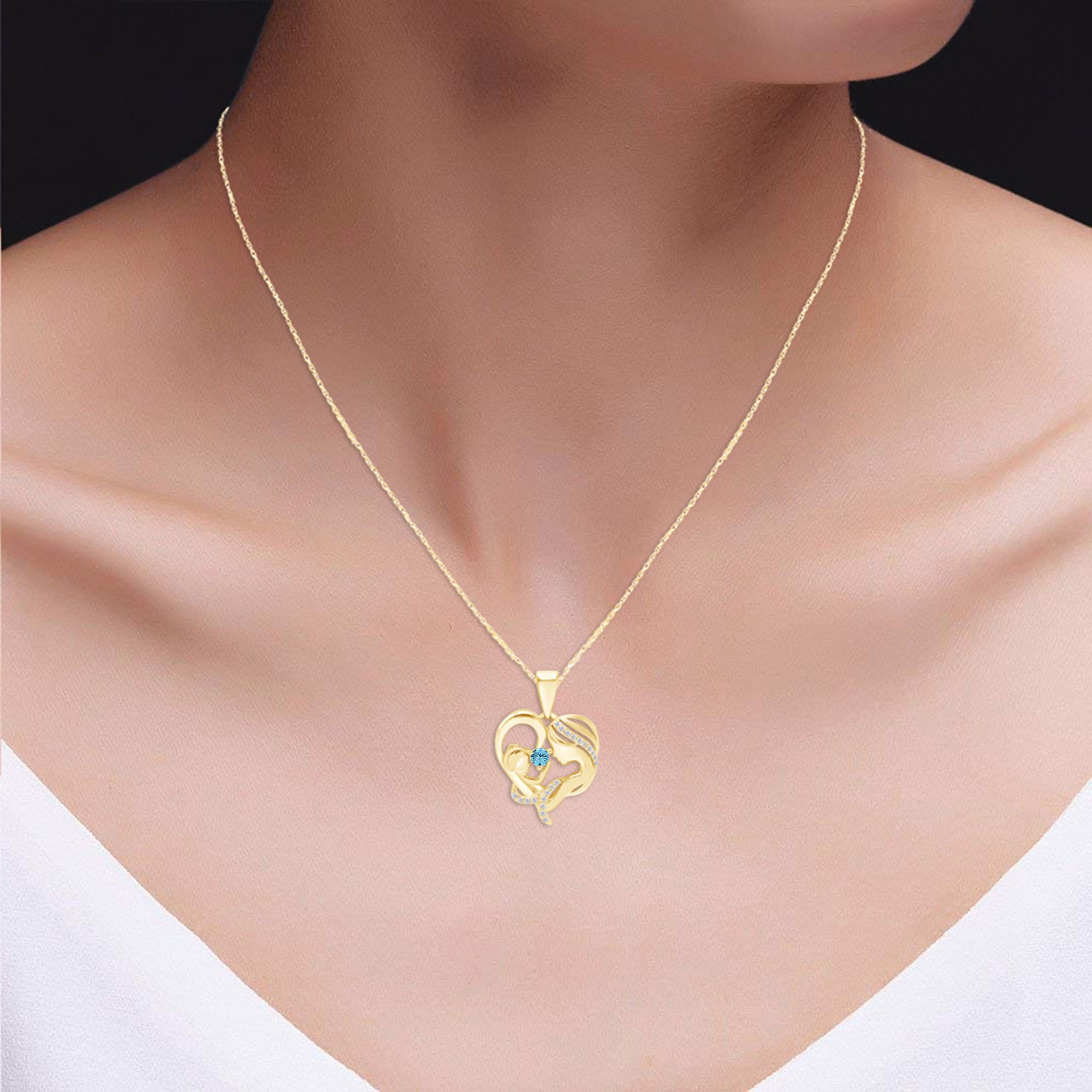 AFFY Aquamarine & White Cubic Zirconia Mom Heart Pendant Necklace 14k Yellow Gold over Silver