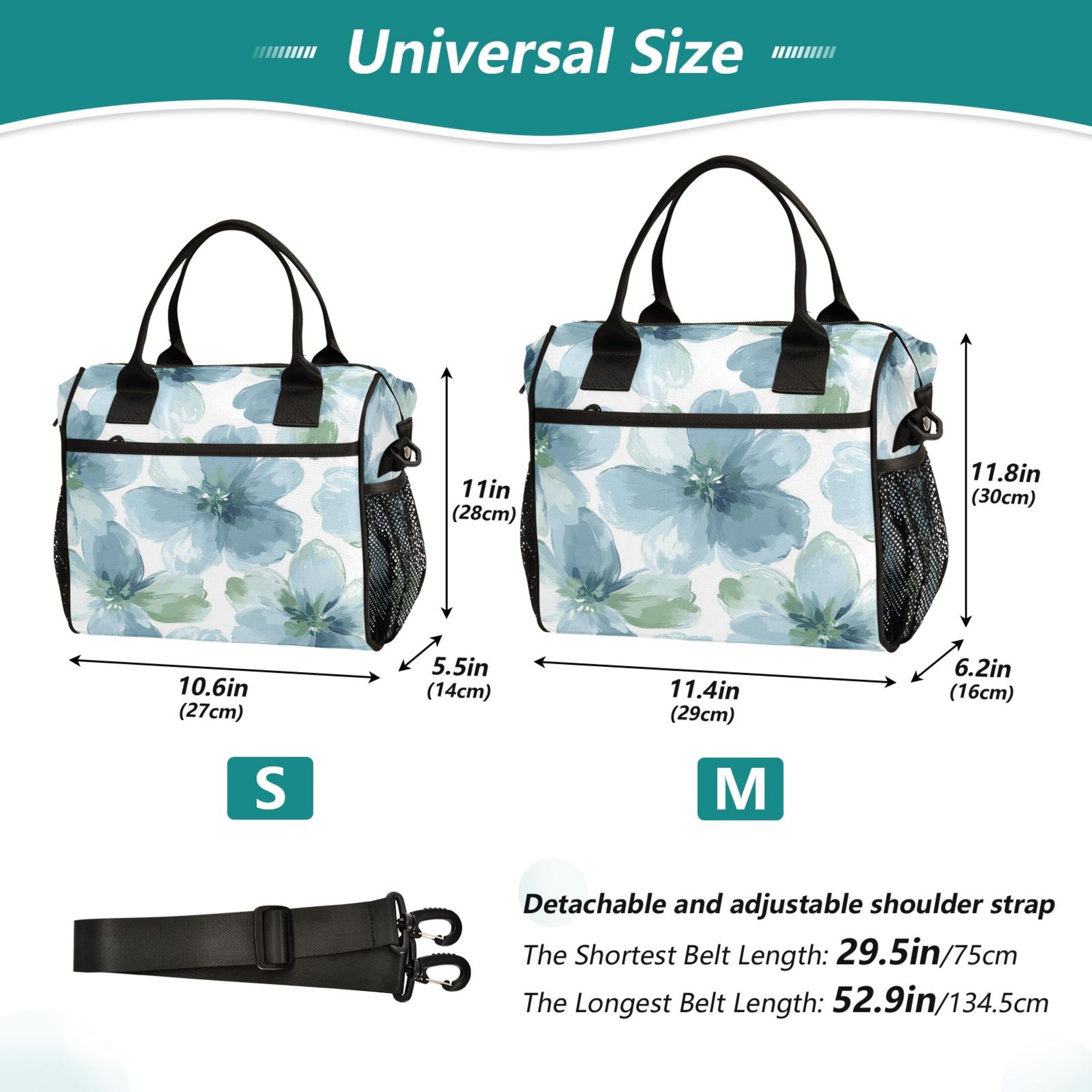 WOBOGO Elegant Flowers in Shades Of Blue Lunch Bag Large Capacity Leak Proof Insulation Soft Adult Men and Women Universal 11×10.6×5.5in