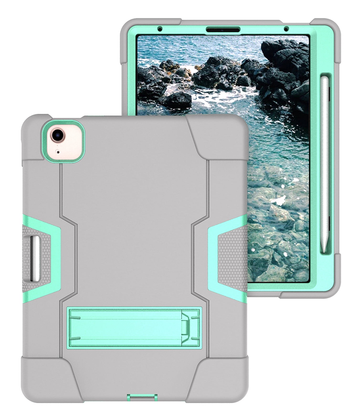 Allytech iPad Air 5 Case 2022, iPad Air 4 Case 2020, Heavy Duty Protection Shockproof Build In Kickstand Pencil Holder Kids Friendly Case for Apple iPad Air 5th 4th Generation, BlackGray/Aqua