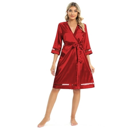 

Monfince Silk Robes for Women Knee Length Bridesmaid Wedding Party Satin Robes Sleepwear with Belt Red US 10