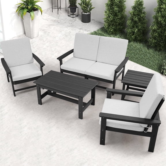 6-Piece HDPE Patio Furniture Set, All-Weather Outdoor Conversation Set with Sectional Sofa, Coffee Table & Cushions, Patio Sofa Set for Deck, Balcony, Lawn & Backyard, Gray