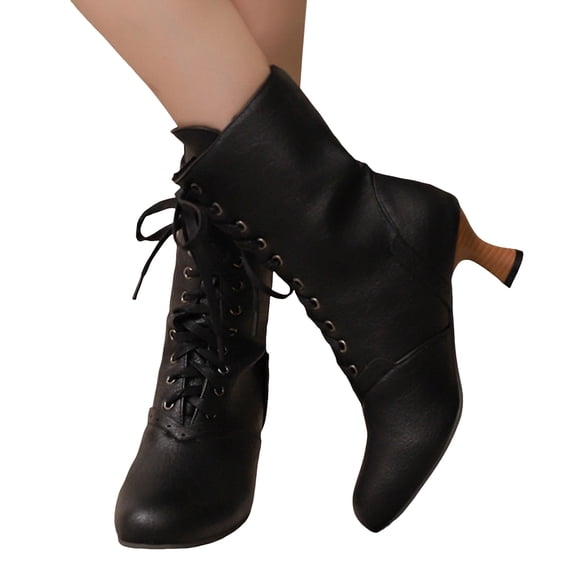 Pandaie Women Victorian Boots Vintage Leather Lace up Ankle Booties Round Toe Block Mid Heel Witch Granny Punk Shoes Black 5.5