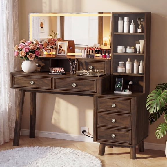Homall 48'' Makeup Vanity Set with Large Mirror & LED Lights, Retro Vanity Desk with 7 Drawers & 3 Shelves, Vanity Table with Charging Station for Bedroom, Dark Walnut(2 packs)