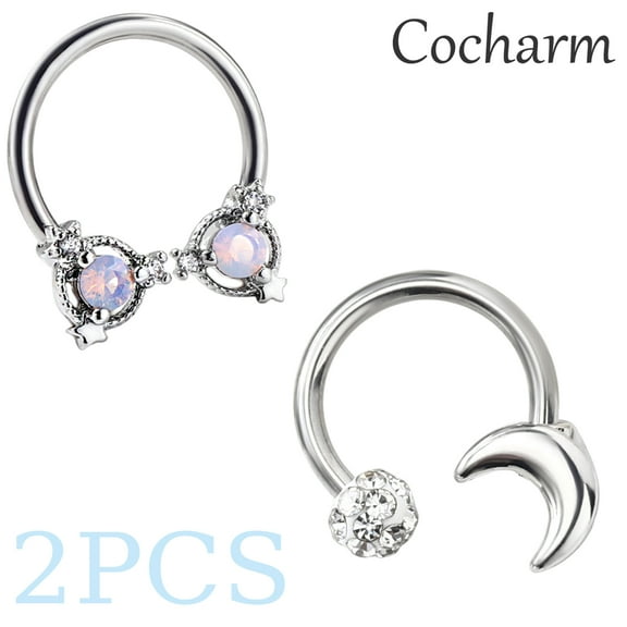 Cocharm 2PCS Cartilage Snug Earrings Septum Nose Rings Pink Opal Clear Zircon Stainless Circular Barbell Horseshoe Body Piercing Jewelry