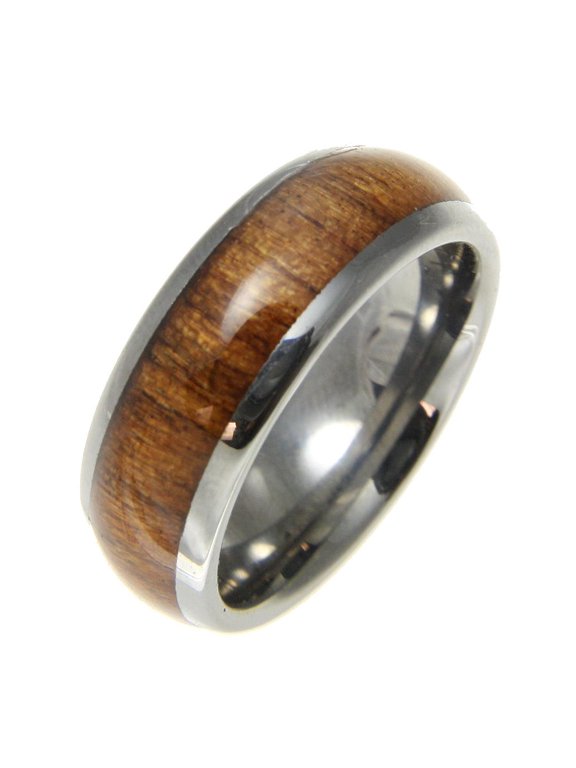 Genuine inlay Hawaiian koa wood band ring tungsten comfort fit dome style 8mm size 6 to 13