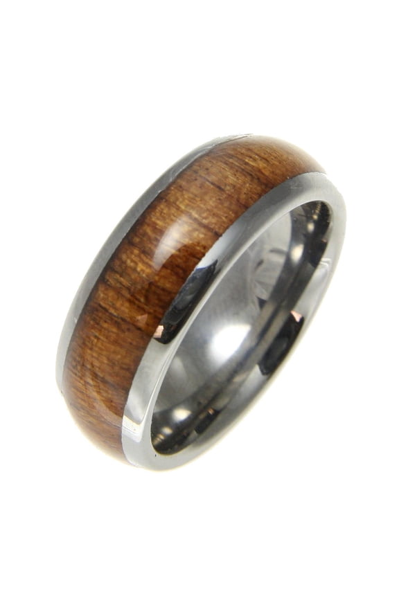 Genuine inlay Hawaiian koa wood band ring tungsten comfort fit dome style 8mm size 6 to 13