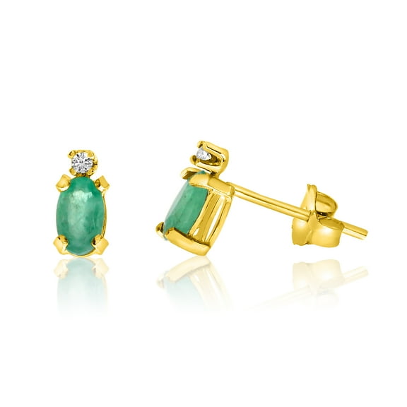 14K Yellow Gold Oval Emerald and Diamond Earrings