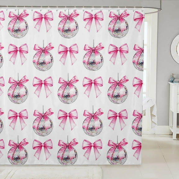Cartoon Bowknot Kid Shower Curtains,Bow Tie Butterfly Knot Princess Bathroom Curtains for Girls Women,Western Cowgirl Disco Ball Retro Pink White Waterproof Curtains,12 Hooks Suits,72"W x 84"L
