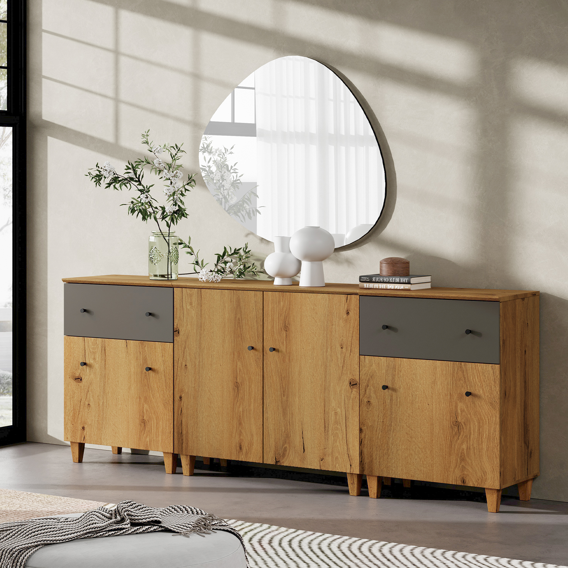 WAMPAT Wood Dresser with 2 Drawers and 3 Cabinets for Bedroom, Modern Chest of Drawer, 83" Wide, Oak Brown Wood Finish