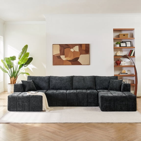 Leumius 132" U Shaped Sectional Sofa,Chenille Boneless Couch, Modern 4-Seat Upholstered Cloud Couch Sectional with Deep Seat and Cup Holders for Living Room,No Assembly Required,Black