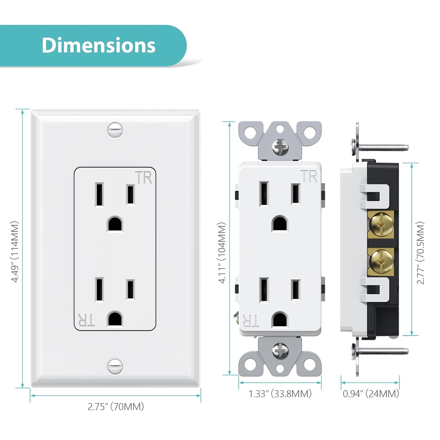 WEBANG Decorator Electrical Wall Outlet White, Tamper-Resistant Duplex Receptacle, Residential Grade, 3-Wire, Self-Grounding, 2-Pole, 15A 125V, ETL Listed, 10 Wall Plates Included