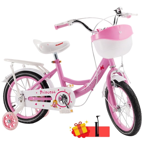 16 18 Inch Girls Bike for Toddlers and Kids Ages 4-9 Years Old, Kids Bike with Flashing Training Wheels & Basket, Girls Bicycle with Handbrake & Kickstand, Pink/Purple