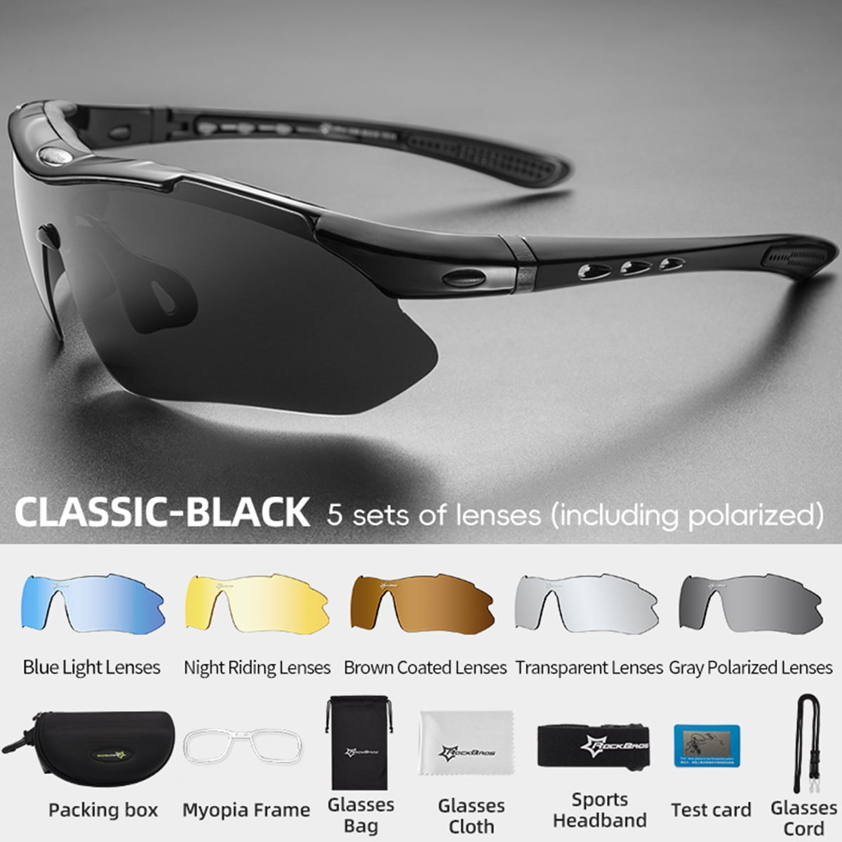 ROCKBROS Cycling Sunglasses Polarized Sports Bicycling Glasses UV400 Protection Outdoor 5 lenses