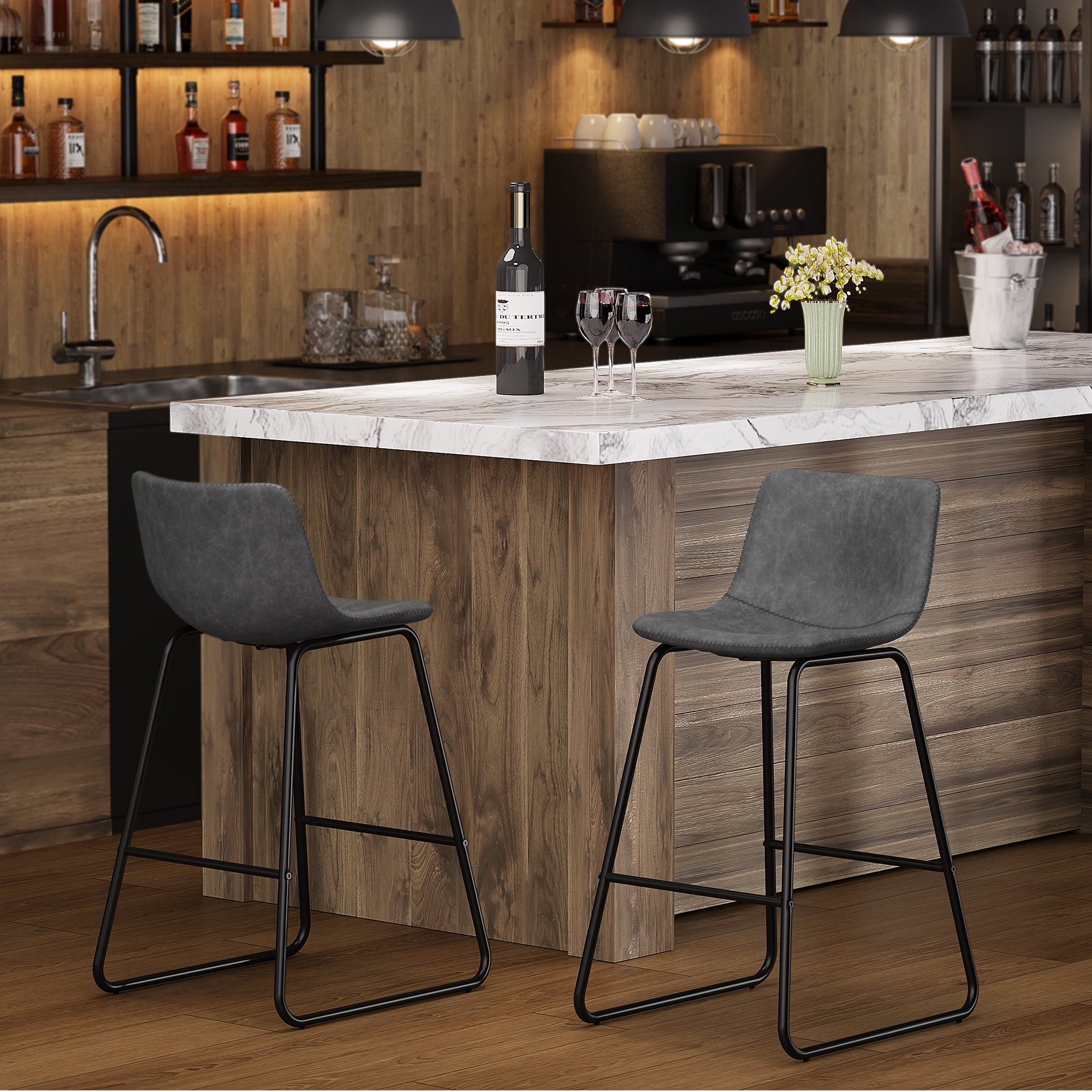 Aufeile 26" Counter Height Bar Stools Set of 2 – Modern Faux Leather Barstools with Back & Metal Legs, Kitchen Bar Chairs for Island, Dining Room, Gray
