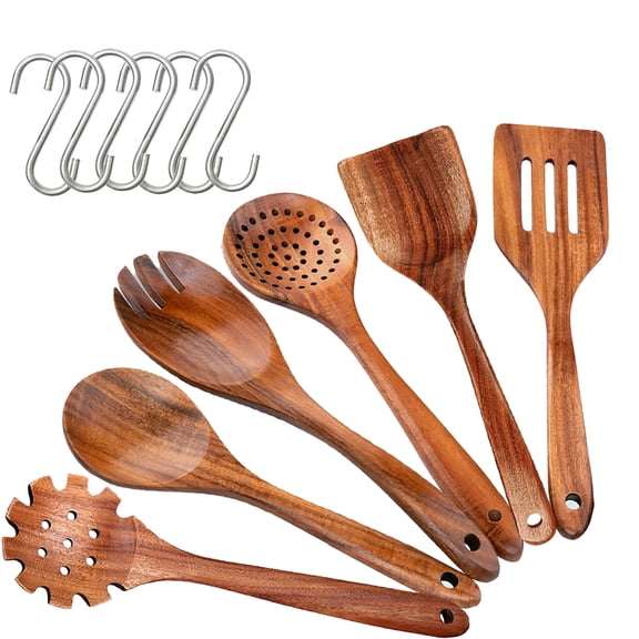 Renexas 6 Pcs Teak Wooden Spoons for Cooking– Non-Toxic, Non-Stick Kitchen Utensils Set Wood Spatulas with Hooks– Lightweight, Heat Resistant, Eco-Friendly Cookware.