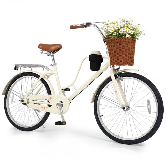 Gymax Beach Cruiser Bike 24-Inch Commuter Bike w/ Adjustable Seat Woven Basket Beige