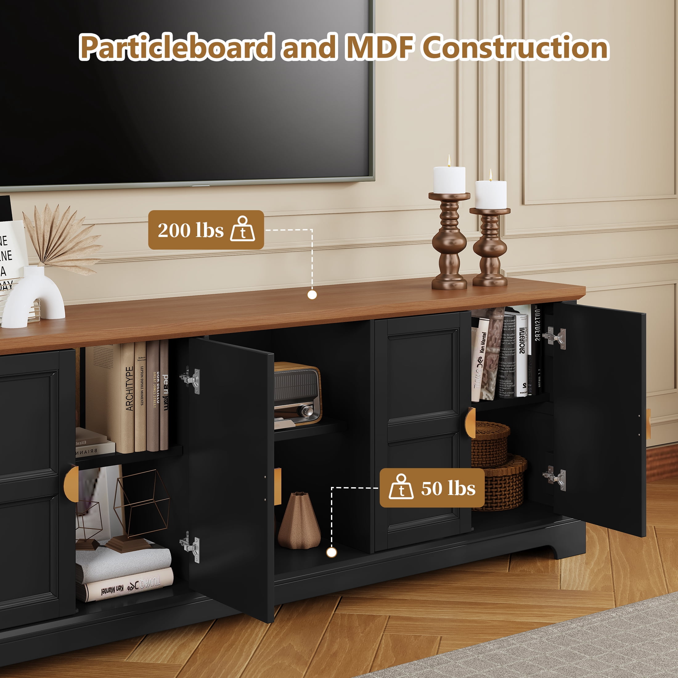 67" TV Stand for 75" TV with Storage and Shelves, Mid-Century Style, Black