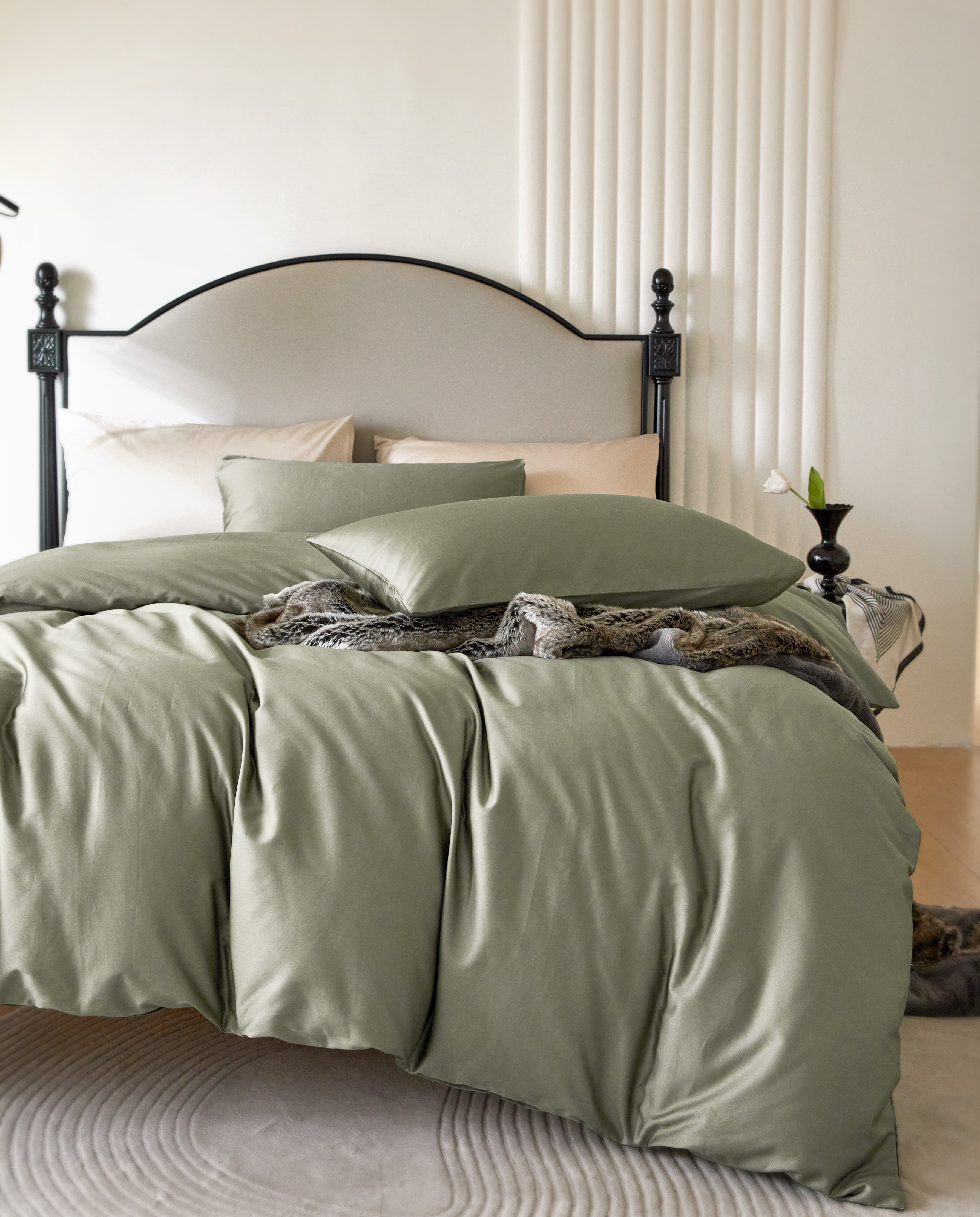 PURE ERA Long Staple Cotton Duvet Cover Pillow Shams Set 800 TC Bedding Sateen Silky Soft Luster(Olive, King)