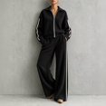 thumbnail image 2 of Szluipve 2 Piece Sets for Women 2 Piece Outfits Side Stripe Zip Up Collar Jacket & Wide Leg Pants Set Ribbed Textured Casual Tracksuit Loungewear Suit for Daily Travel Black M, 2 of 7