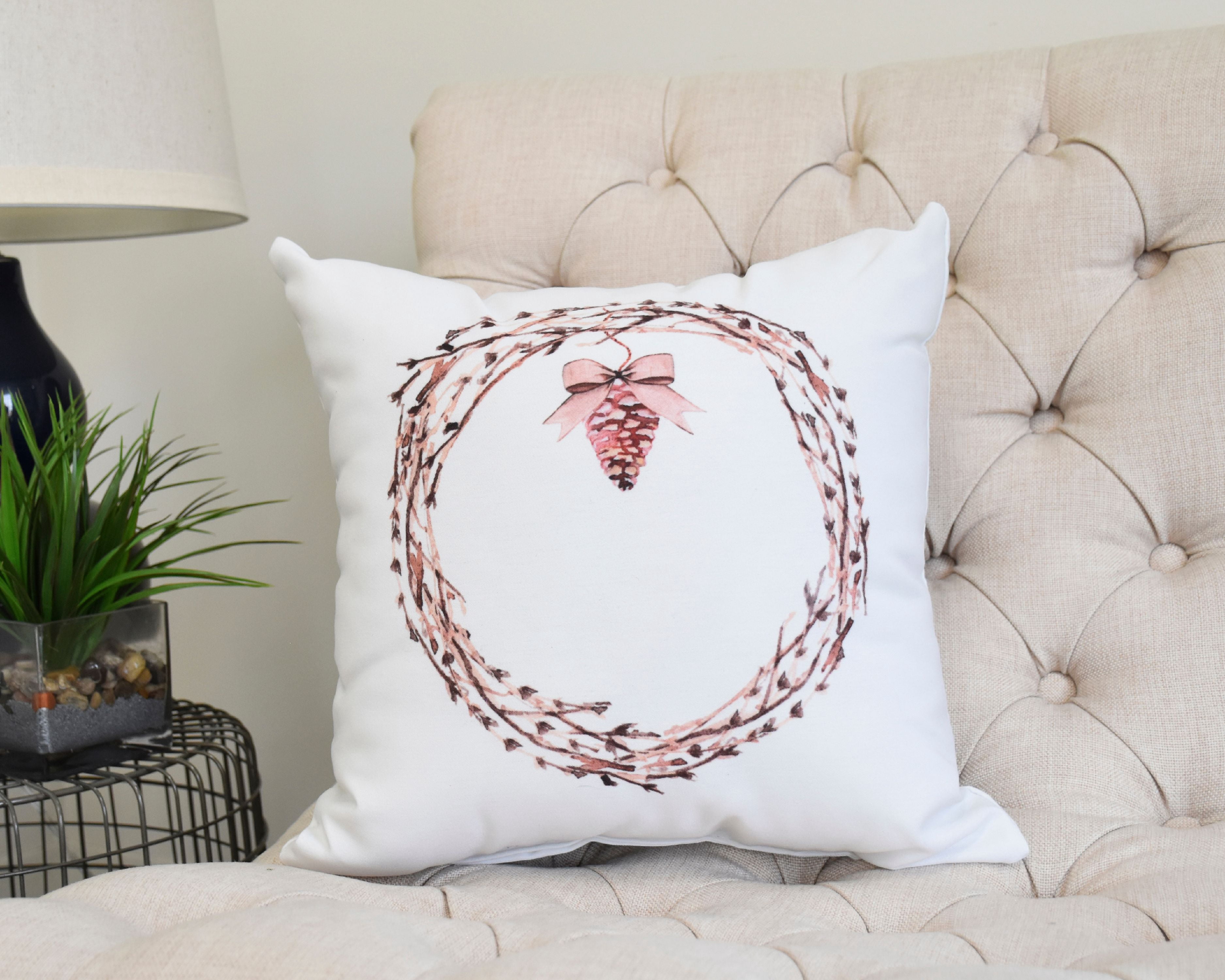 Natural Wreath 18 Inch Off White Holiday Print Decorative Throw Pillow