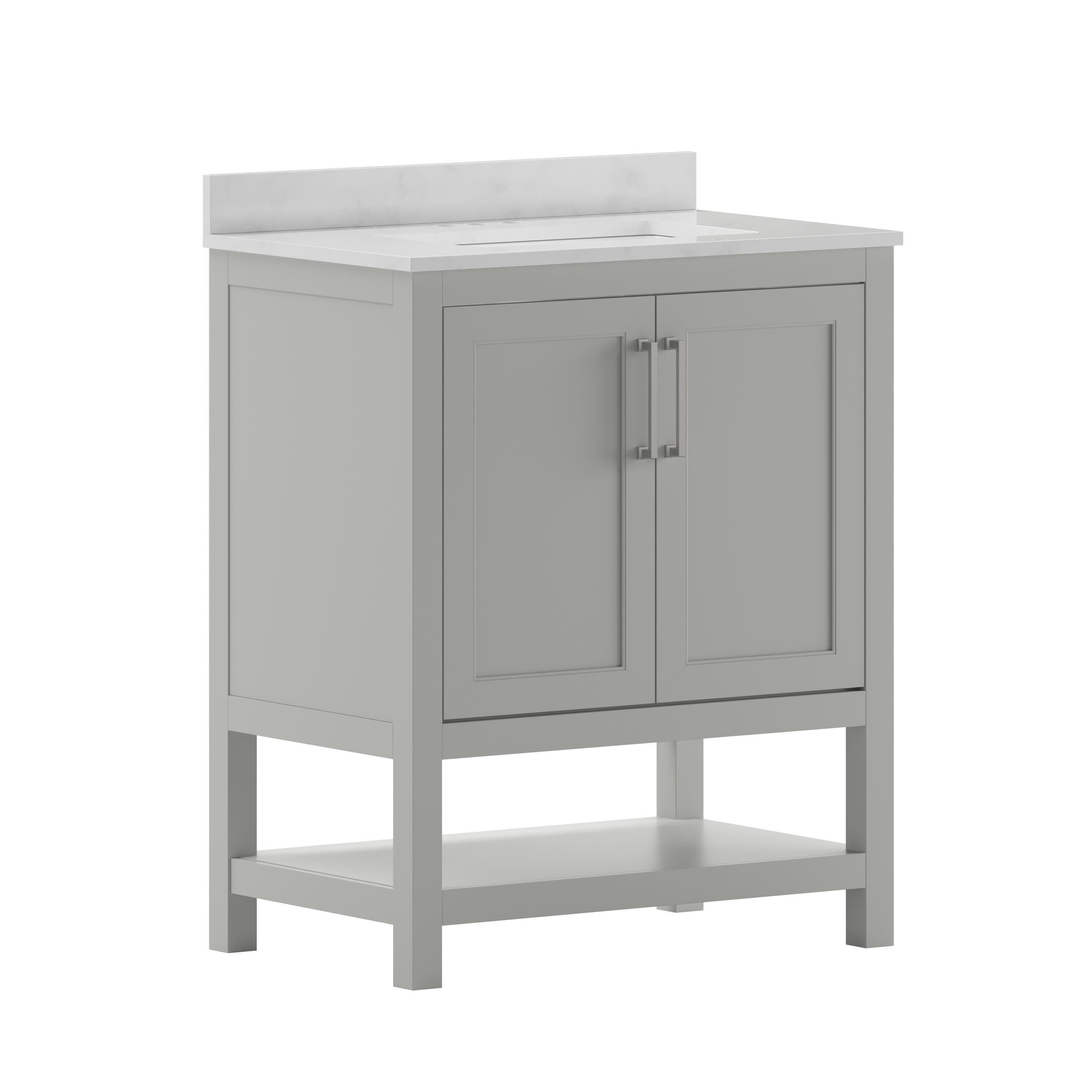 BizChair 30 Inch Bathroom Vanity with Sink Combo, Storage Cabinet with Soft Close Doors and Open Shelf, Carrara Marble Finish Countertop, Gray/White