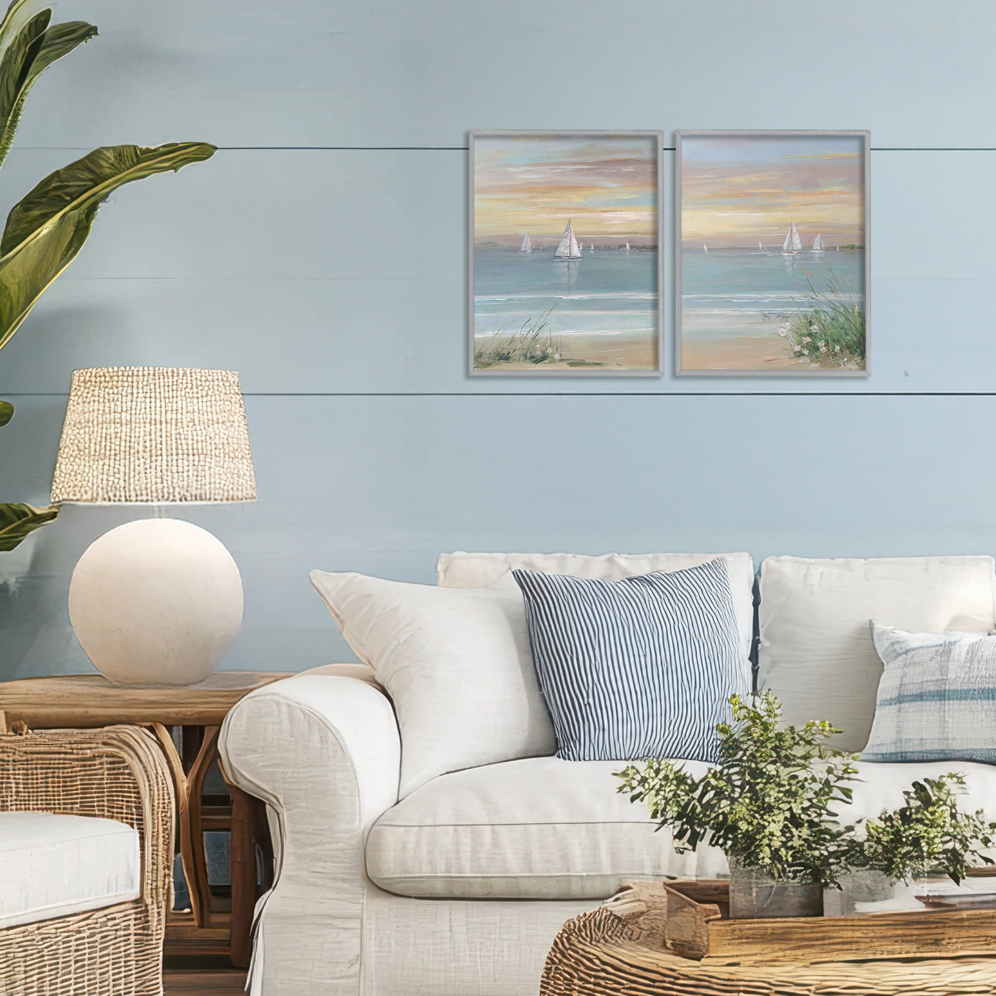 Stupell Industries Summer Shore Panorama 2 Piece Gray Framed Giclee Art Set, design by Sally Swatland