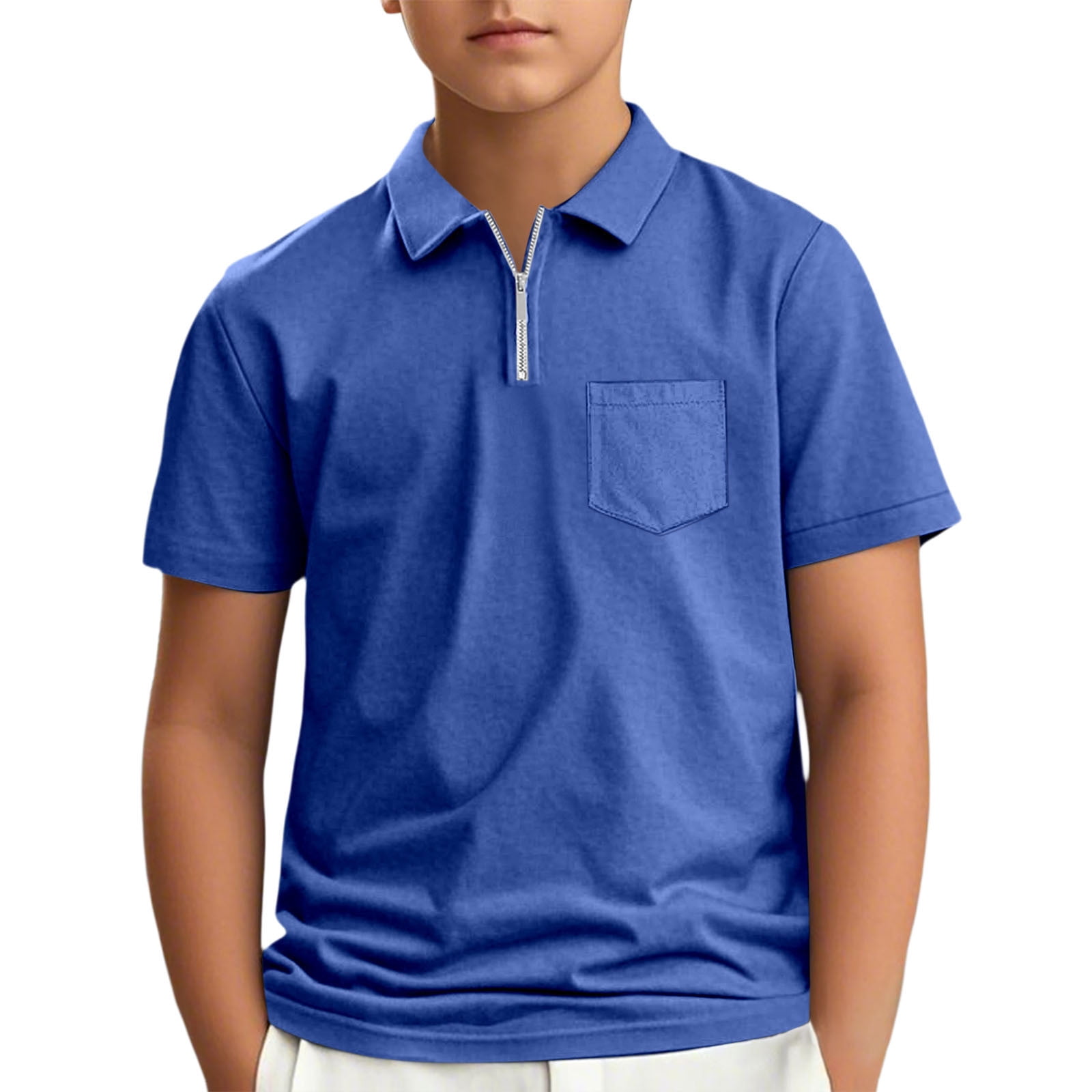 WOYY Big Boys Zipper Pocket Polo Shirt Solid Casual Short T-Shirt Summer Casual Tshirt