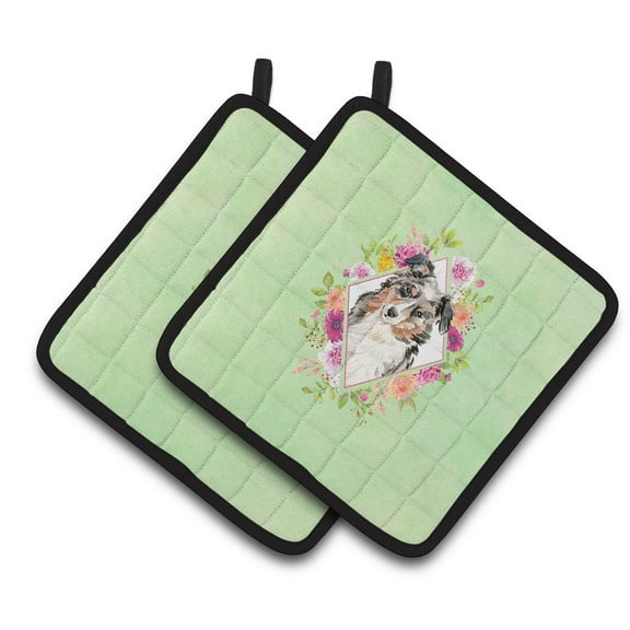 Australian Shepherd Green Flowers Pair of Pot Holders
