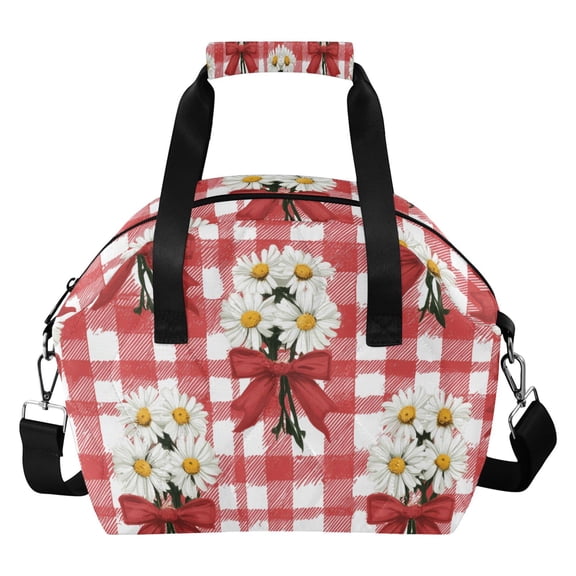 Red Plaids with Red Bows White Flowers Insulated Lunch Bag Reusable Quilted Lunch Box Waterproof Leakproof Lunch Container