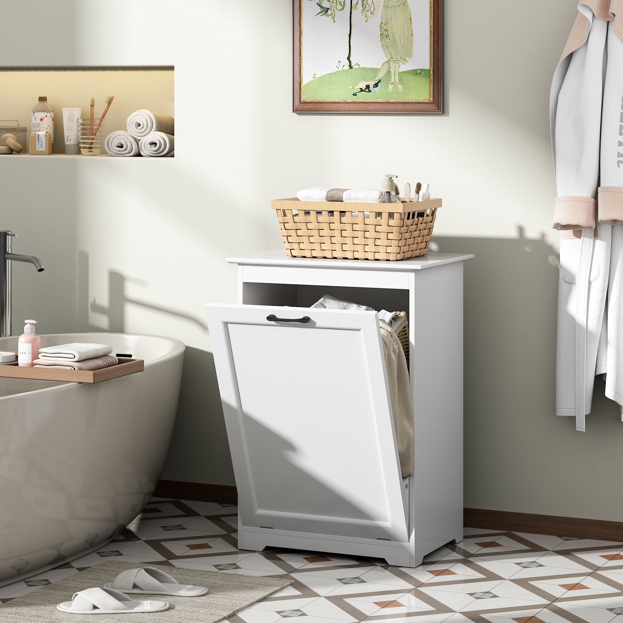JAXPETY 10 Gallon Tilt Out Trash Cabinet Kitchen Free Standing Storage Can Holder Garbage Recycling Cabinet Wood, White