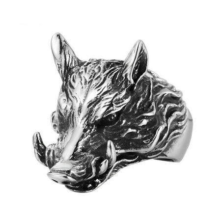 PikaLF Boar Ring for Men, Stainless Steel Pig Ring, Vintage Wild Boar Rings, Norse Viking Boar Head Ring, Boar Totem Amulet Ring, Punk Animal Pig Jewelry Gift for Men