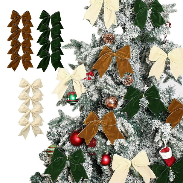 Juego de 4 lazos de Navidad | Adornos festivos de tela para árbol, corona y decoración de cajas de regalo | Blanco Verde Marrón Vibrante | 15x15cm | Accesorios para decoración navideña