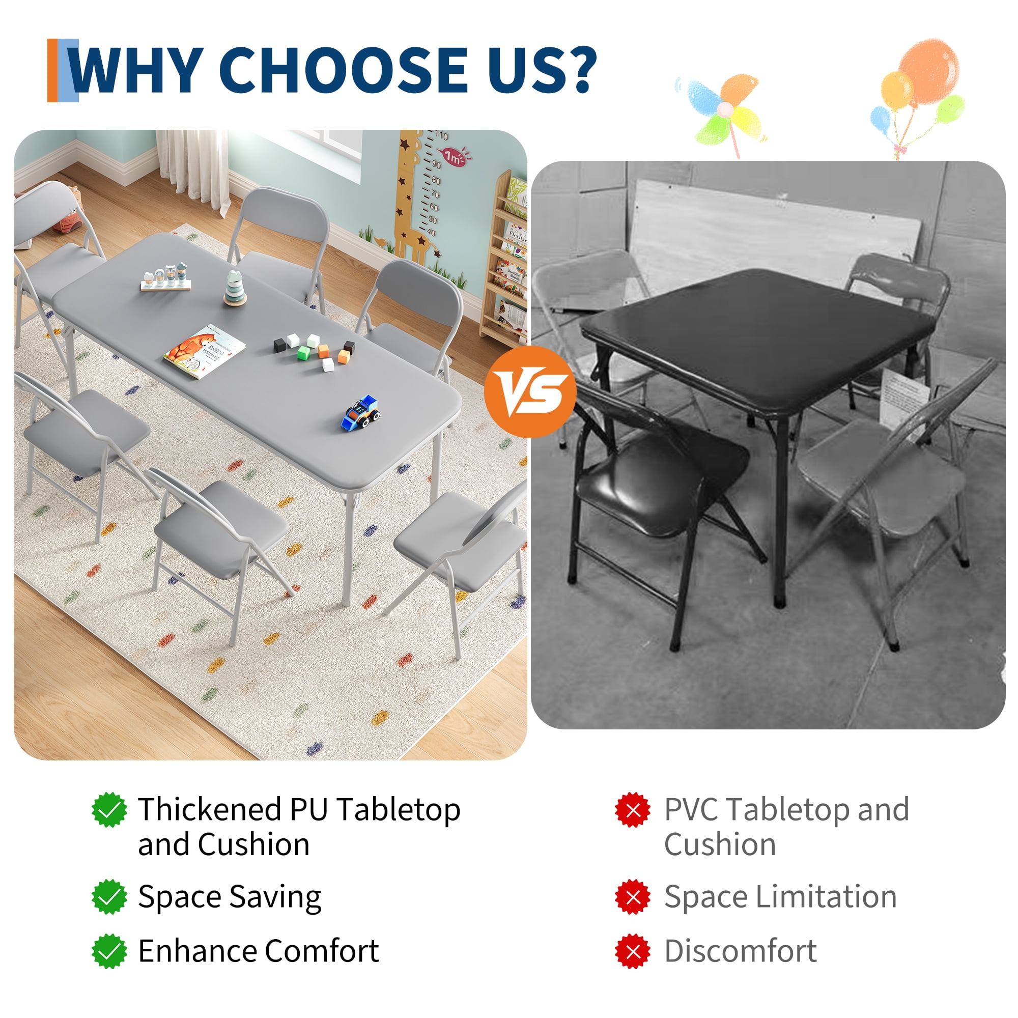 Ultra Soft PU Padded 1/5/7-Piece Kids Folding Table and Chairs Set – Durable Steel Frame, Anti-Slip Feet, No Assembly – Portable for Study, Dining, Learning Space, Play