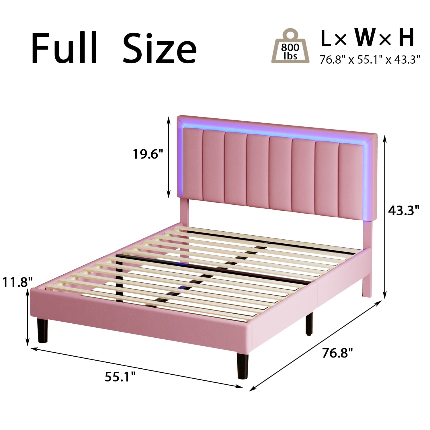 4 EVER WINNER Full Bed Frame with LED Light, Upholstered Platform Bed Frame with Headboard, Pink