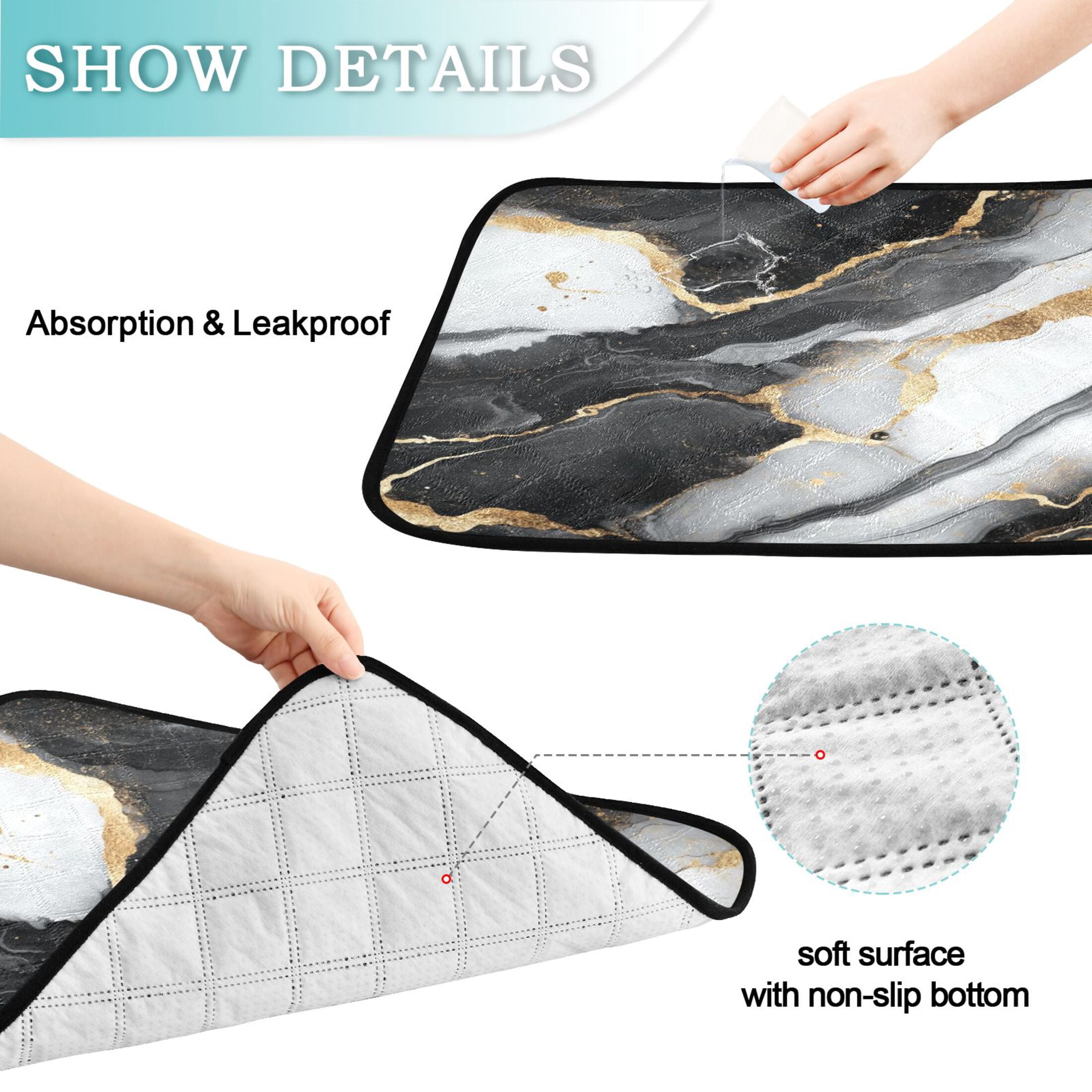 Qxltty Gilt Black Veined Marble Cat litter Pads Pet Set of 3 Diaper Mats Center Anti-leakage Layer Absorbent Soft and Comfortable