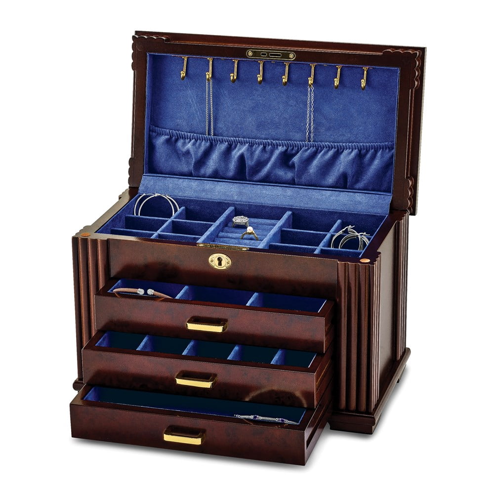 Luxury Giftware by Jere Matte Rosewood Burl Veneer 3-drawer Locking Wooden Jewelry Box QJJB875