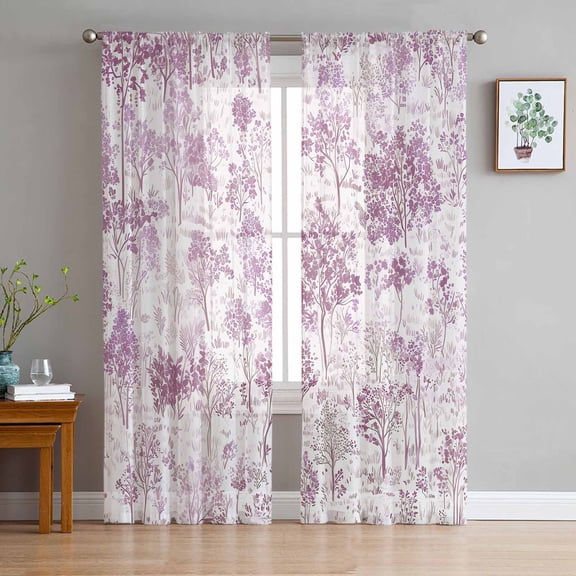 Forest Pink Sheer Curtains 63 Inch Length 2 Panels Set for Living Room/Bedroom, Watercolor Plants Maple Pine Tree Scenery Semi Curtain Sheers Drapes Rod Pocket Curtains Window Treatment 52''x63''x2