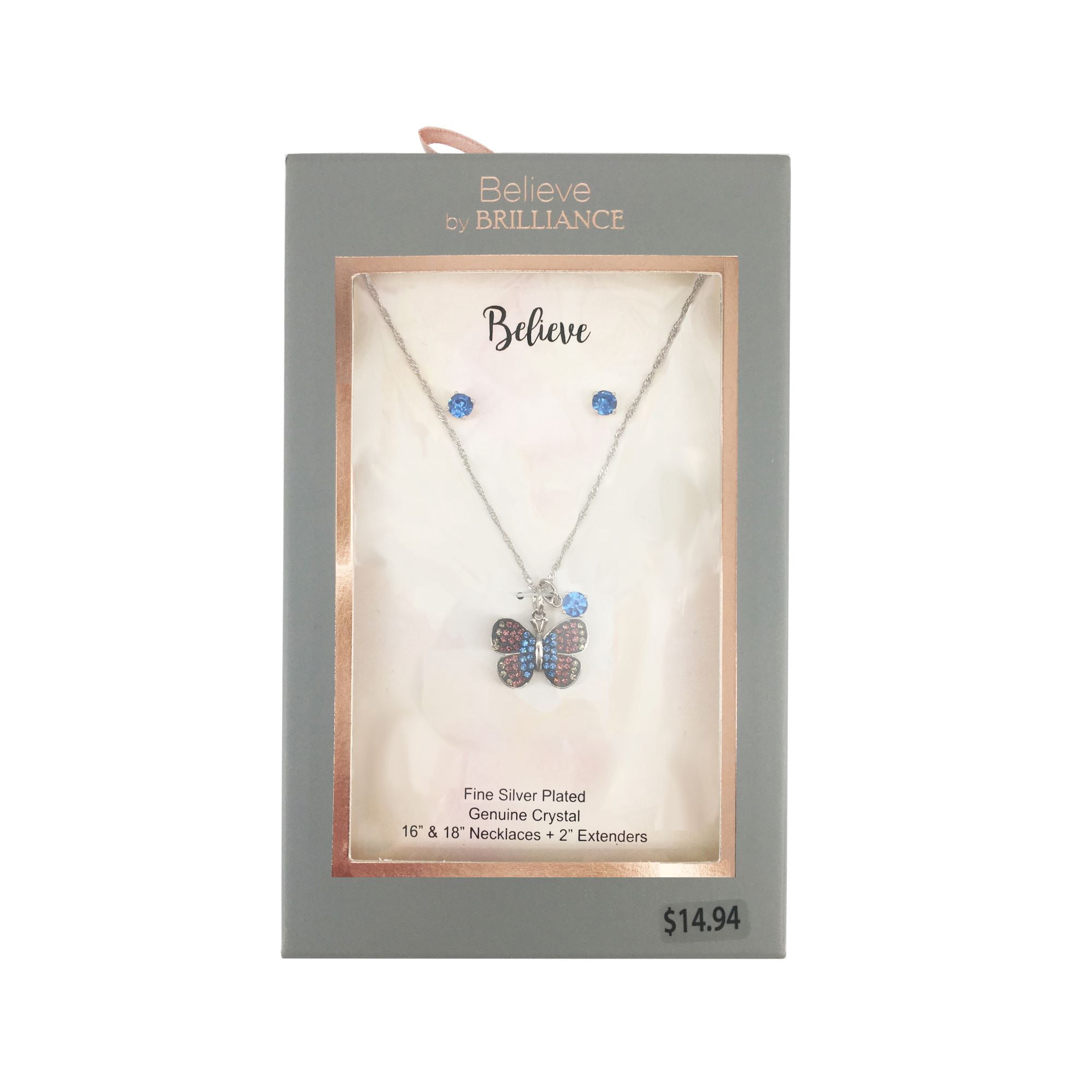 Believe by Brilliance Fine Silver Plated Crystal Stud Ear and Butterfly Pendant Set