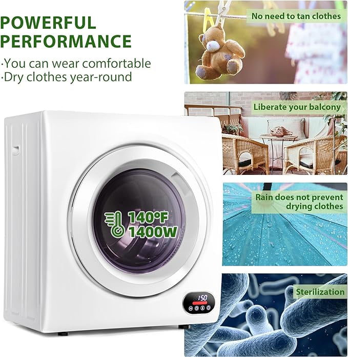 Euhomy Compact Laundry Dryer, 2.64 cu ft Front Load Stainless Steel Clothes Dryers With Exhaust Pipe, 1400W, LCD Control Panel Four-Function Portable Dryer For Apartments, Home, Dorm, White