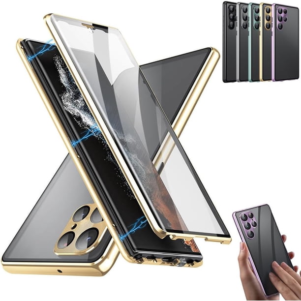 Funda magnética de vidrio templado de doble cara para teléfono, funda protectora completa de 360° a prueba de golpes con protector de lente con bloqueo de seguridad, para Samsung S21/S22/S23/S24 Plus